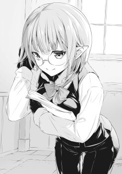 1girl blunt_bangs bow bowtie breast_press breasts closed_mouth dungeon_ni_deai_wo_motomeru_no_wa_machigatteiru_darou_ka eina_tulle elf glasses gloves greyscale hand_in_own_hair hand_up highres holding holding_paper indoors leaning_forward long_sleeves looking_at_viewer medium_breasts monochrome nilitsu novel_illustration official_art pants paper pointy_ears shirt short_hair smile solo standing third-party_source vest