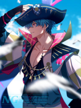 Rule 34 | 1boy, blue hair, blue shirt, blue sky, blurry, blurry background, brant (wuthering waves), collarbone, commentary, day, from side, hand on own hat, hat, hat feather, highres, looking ahead, male focus, multicolored hair, open clothes, open shirt, outdoors, parted lips, pink eyes, sae naiyatsu, shirt, short hair, sky, smile, solo, streaked hair, symbol-only commentary, tacet mark (wuthering waves), tricorne, upper body, watermark, wuthering waves