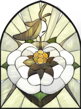 1girl absurdres arthropod_girl artist_name closed_eyes flower highres hollow_knight hollow_knight:_silksong monster_girl nyleth_(hollow_knight) sapphiemane stained_glass twitter_username white_flower white_petals