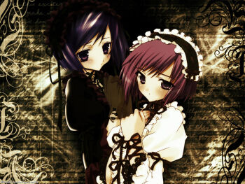 2girls black_vs_white gothic_lolita headdress kanno_touko lolita_fashion multiple_girls nini_(kiyo) nini_(nininco) purple_hair red_hair short_hair