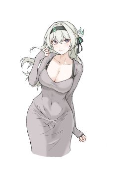 1girl absurdres black_bra black_hairband black_ribbon blue_pupils blush bra breasts cleavage closed_mouth covered_navel dongtan_dress dress enon_(ash_enon) firefly_(honkai:_star_rail) gradient_eyes grey_dress grey_hair hair_between_eyes hair_intakes hair_ornament hair_ribbon hairband hashtag-only_commentary highres honkai:_star_rail honkai_(series) large_breasts long_hair long_sleeves multicolored_eyes ribbon simple_background smile solo underwear white_background