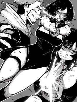 breasts gun handgun highres itadori_yuuji jujutsu_kaisen large_breasts mark_gavatino medium_hair revolver ryoumen_sukuna_(jujutsu_kaisen) sequential weapon zenin_mai