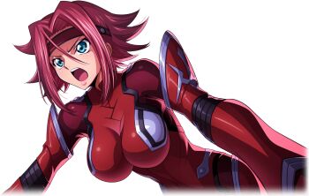 1girl battle blue_eyes bodysuit code_geass code_geass:_lost_stories f4samurai headband kouzuki_kallen official_alternate_costume official_art open_hand open_mouth red_bodysuit red_hair red_headband short_hair solo teeth