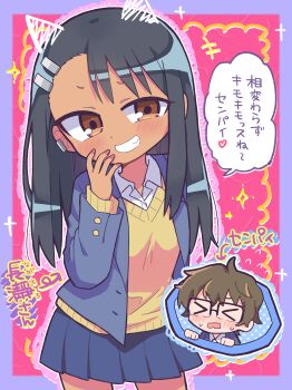 >_< 1boy 1girl absurdres arrow_(symbol) black-framed_eyewear black_hair blue_jacket blue_skirt blush border brown_eyes chibi closed_eyes commentary_request cowboy_shot glasses grin hachiouji_naoto hand_up highres ijiranaide_nagatoro-san jacket long_hair long_sleeves miniskirt nagatoro_hayase nail_polish nose_blush open_clothes open_jacket open_mouth outline outside_border over-rim_eyewear pink_background pink_nails pleated_skirt purple_border richard_(richaball) school_uniform semi-rimless_eyewear sidelocks skirt smile speech_bubble sweat sweater tan translation_request white_outline wing_collar winter_uniform yellow_sweater