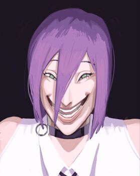 1girl black_background black_hair chainsaw_man choker close-up green_eyes grenade_pin grin hair_between_eyes hair_bun highres parody pull_cord reze_(chainsaw_man) shirt skinny_dipping sleeveless sleeveless_shirt smile solo xyanaid