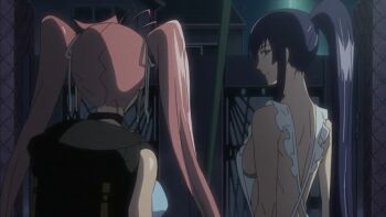 2girls animated animated_gif apron bouncing_breasts breasts busujima_saeko cleavage glasses highschool_of_the_dead jiggle large_breasts multiple_girls no_bra physics pink_hair ponytail sideboob takagi_saya