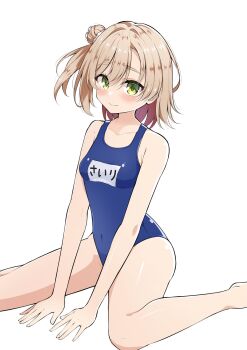 1girl \||/ alternate_costume alternate_hairstyle between_legs blue_one-piece_swimsuit blush breasts brown_hair character_name closed_mouth collarbone commentary covered_navel eyes_visible_through_hair green_eyes hair_between_eyes hair_bun hair_intakes hair_ornament hair_scrunchie hand_between_legs highres looking_at_viewer medium_hair mikuni_sairi one-piece_swimsuit one_side_up school_swimsuit scrunchie sesen2000 shiny_skin simple_background single_side_bun sitting small_breasts smile solo split_mouth swimsuit tenshi_souzou_re-boot! thick_eyebrows thighs translated wariza white_background white_scrunchie