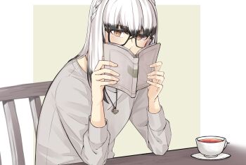 Rule 34 | 1girl, bespectacled, black-framed eyewear, black hair, blunt bangs, book, braid, brown eyes, chair, colored tips, commentary request, covering own mouth, crown braid, cup, glasses, grey shirt, holding, holding book, jewelry, jouhou, long sleeves, looking at viewer, medium hair, multicolored hair, necklace, on chair, open book, satsuki yomi, saucer, shirt, sitting, solo, table, tea, teacup, toji no miko, white hair
