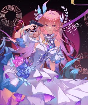 Rule 34 | 1girl, absurdres, aiming, aqua hair, artist name, bare shoulders, breasts, chinese commentary, commentary request, cyrene (honkai: star rail), cyrene (ripples of past reverie) (honkai: star rail), diamond-shaped pupils, diamond (shape), dress, flower, gun, hair flower, hair ornament, highres, holding, holding gun, holding weapon, honkai: star rail, honkai (series), large breasts, long hair, looking at viewer, multicolored hair, pink hair, pointing, pointing at self, pointy ears, purple eyes, smile, solo, symbol-shaped pupils, two-tone hair, very long hair, weapon, white dress, zhui ming jin ge