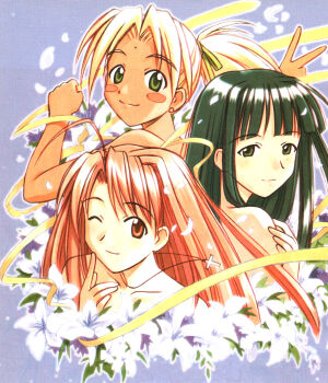 3girls absurdres ahoge akamatsu_ken aoyama_motoko bindi blonde_hair blush_stickers brown_eyes cross cross_necklace dark_skin dark-skinned_female earrings flower green_eyes green_hair highres hime_cut jewelry kaolla_su long_hair love_hina multiple_girls naked_ribbon narusegawa_naru necklace official_art orange_hair ponytail ribbon scan wink