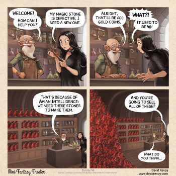 Rule 34 | 1boy, 1girl, 1other, absurdres, apron, balance scale, bald, bird, black boots, black choker, black hair, black robe, boots, breasts, brown apron, cepper (minifantasytheater), choker, cleavage, david revoy, english text, erlenmeyer flask, facial hair, flask, gem, glasses, goth fashion, green shirt, grey eyes, highres, holding, holding wand, indoors, jar, long hair, minifantasytheater, mustache, non-humanoid robot, old, old man, parrot, parrot (minifantasytheater), parted hair, robe, robot, robot animal, robot bird, shirt, shop, speech bubble, wand, watch, weighing scale