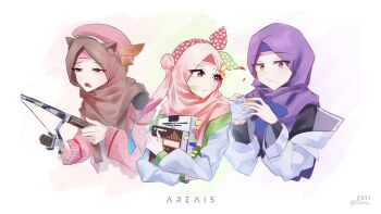 3girls airani_iofifteen animal_ears ayunda_risu blue_hair blush fishing fishing_rod green_eyes highres hijab holding holding_fishing_rod hololive hololive_indonesia moona_hoshinova multiple_girls paint_splatter purple_eyes purple_hijab squirrel_ears squirrel_girl virtual_youtuber zull