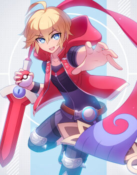 1boy alternate_color armor blonde_hair blue_eyes enni gloves highres looking_at_viewer male_focus monado nintendo open_mouth poke_ball pokemon pokemon_(creature) shiny_pokemon short_hair shulk_(xenoblade) simple_background smile super_smash_bros. sword vest weapon xenoblade_chronicles:_future_connected xenoblade_chronicles_(series) xenoblade_chronicles_1