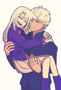 1boy 1girl archer_(casual_wear)_(fate) archer_(fate) ascot black_shirt bow carrying corrupted_twitter_file dark-skinned_male dark_skin fate/stay_night fate_(series) grey_eyes heads_together highres illyasviel_von_einzbern medium_skirt ohmoto_9 one_eye_closed open_mouth princess_carry purple_ascot purple_bow shirt skirt smile white_hair