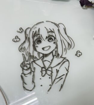 Rule 34 | 1girl, :d, bow, bowtie, buttons, commentary, cropped torso, double-breasted, empty eyes, english commentary, flower symbol, greyscale, hair between eyes, hand up, highres, kurosawa ruby, long sleeves, looking at viewer, love live!, love live! sunshine!!, monochrome, open mouth, photo (medium), school uniform, serafuku, ska.harumi, smile, solo, two side up, uranohoshi school uniform, v, whiteboard (medium), winter uniform