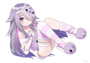 Rule 34 | 1girl, absurdres, blush, chest jewel, closed mouth, collarbone, commentary, commission, english commentary, from above, from side, gevuxx, hair flaps, highres, hololive, hololive english, koseki bijou, koseki bijou (pebble pajamas), light smile, long hair, looking at viewer, lying, off shoulder, on back, oversized clothes, oversized shirt, purple eyes, purple hair, shirt, signature, slippers, striped clothes, striped thighhighs, thigh strap, thighhighs, thighs, virtual youtuber