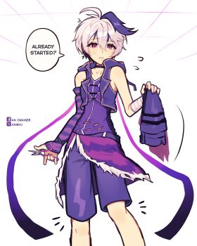 1girl ahoge androgynous anmyu arm_warmers bandaged_arm bandages bare_shoulders belt commentary english_commentary english_text facebook_username flat_chest flower_(vocaloid) flower_(vocaloid4) flying_sweatdrops fur-trimmed_overskirt highres holding holding_cloth holding_scissors multicolored_hair nervous notice_lines overskirt parted_lips purple_arm_warmers purple_eyes purple_shirt purple_skirt purple_streaks purple_vest scissors shirt short_hair shorts shorts_under_skirt single_arm_warmer skirt sleeveless sleeveless_shirt solo speech_bubble sweat twitter_cutting_game twitter_username variant_set vest vocaloid white_background white_hair