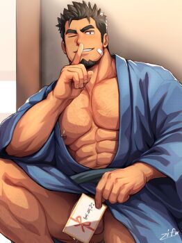 1boy abs bandaid bandaid_on_cheek bandaid_on_face bara black_eyes broad_shoulders brown_hair chest_hair commentary_request convenient_censoring facial_hair finger_to_mouth goatee grin highres large_pectorals male_focus muscular muscular_male nipples nose one_eye_closed original pectorals penis penis_peek smile solo spiked_hair stubble testicle_peek testicles thick_arms thick_eyebrows zifu