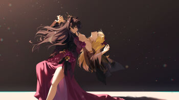 2girls absurdres alternate_costume armlet bare_shoulders black_hair black_ribbon blonde_hair breasts cleavage closed_eyes commentary_request corsage dancing dip_(dance_move) dress earrings ereshkigal_(fate) fate/grand_order fate_(series) formal_clothes gold_choker hair_ribbon highres holding_hands hoop_earrings ishtar_(fate) jewelry keya_(user_pnkz5883) long_hair medium_breasts multiple_girls red_dress red_eyes ribbon see-through_clothes see-through_shawl shawl siblings sisters skull_ornament suit tango thighs tiara two_side_up
