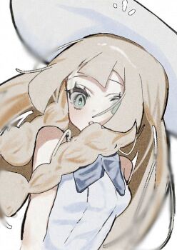 Rule 34 | 1girl, 3y35, :o, blonde hair, blunt bangs, braid, collared dress, commentary request, dress, green eyes, hat, lillie (pokemon), long hair, looking at viewer, nintendo, open mouth, pokemon, pokemon sm, simple background, sleeveless, sleeveless dress, solo, standing, sun hat, sundress, twin braids, upper body, white background, white dress, white hat