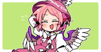 1girl :d ^_^ animal_ears arm_behind_head bird_ears bird_girl bird_wings blush border bow bowtie brown_dress brown_hat closed_eyes collared_shirt commentary dress earrings facing_viewer fang flying_sweatdrops green_background hat ini_(inunabe00) jewelry long_sleeves mystia_lorelei open_mouth outline outside_border pink_hair shirt short_hair simple_background single_earring skin_fang sleeve_garter smile solo touhou upper_body white_border white_bow white_bowtie white_outline white_shirt winged_hat wings