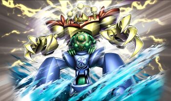 1boy :&lt; claws creature duel_monster electricity full_body fusion gate_guardian gate_guardians_combined highres humanoid_robot kazejin konami multiple_eyes multiple_heads no_humans official_art robot sanga_of_the_thunder sharp_teeth standing suijin teeth thunder water what wind yu-gi-oh!