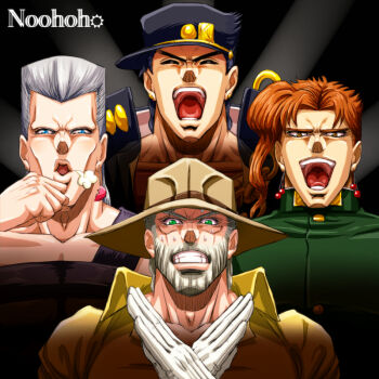 4boys album_cover album_cover_redraw black_background blue_eyes bohemian_rhapsody breath brown_eyes c-7_(assate) clenched_hand clenched_teeth collar collarbone cover crossed_arms derivative_work earrings eyebrows closed_eyes facial_hair facial_mark freddie_mercury gloves green_eyes grey_hair hat jean_pierre_polnareff jewelry jojo_no_kimyou_na_bouken joseph_joestar joseph_joestar_(old) kakyoin_noriaki kuujou_joutarou laughing light_rays looking_at_viewer male_focus multiple_boys open_mouth orange_eyes orange_hair parody queen_(band) scar short_hair simple_background stardust_crusaders stud_earrings sweat sweatdrop teeth tongue uniform upper_body white_gloves