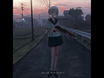 1girl bags_under_eyes black_sailor_collar black_shoes bob_cut edi_ashi evening gradient_sky gun highres original outdoors pillarboxed pleated_skirt power_lines road sailor_collar school_uniform serafuku shirt shoes short_sleeves skirt sky solo standing subtitled thick_eyebrows town tree weapon white_shirt