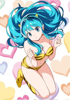 1girl animal_print aqua_eyes aqua_hair bikini boots breasts cleavage cone_horns highres horns long_hair lum navel pointy_ears solo strapless swimsuit tiger_print urusei_yatsura yakiniku-oyaji