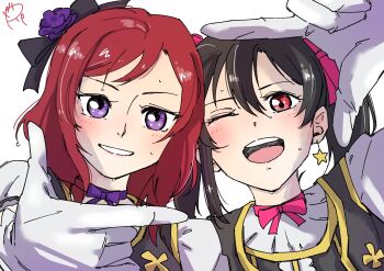 Rule 34 | 2girls, black hair, commentary request, earrings, flower, gloves, hair flower, hair ornament, highres, jewelry, love live!, love live! school idol project, medium hair, multiple girls, nishikino maki, one eye closed, open mouth, parted lips, purple eyes, purple flower, red eyes, red hair, smile, star (symbol), star earrings, surfacedxxc, sweat, upper body, white gloves, yazawa nico