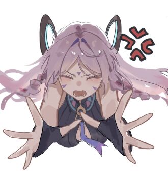 1girl anger_vein black_leotard blush braid breasts citlali_(genshin_impact) closed_eyes commentary_request facial_mark floating_headgear forehead_mark genshin_impact ginmokusei53 headgear highres leotard long_hair open_mouth pink_hair pushing_away solo triangle triangle_facial_mark twin_braids white_background