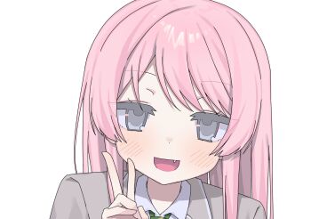 Rule 34 | 1girl, :d, bang dream!, bang dream! it's mygo!!!!!, blush, chihaya anon, commentary request, fang, grey eyes, haneoka school uniform, highres, korean commentary, long hair, looking at viewer, metametmonmong, open mouth, pink hair, portrait, school uniform, sidelocks, simple background, smile, solo, v, white background