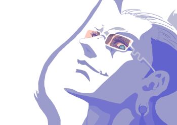 1boy bindi blue_eyes buddha_(shuumatsu_no_valkyrie) ear_piercing earrings facial_mark fangs forehead_mark glasses hair_bun head_tilt jewelry limited_palette long_hair looking_at_viewer loose_hair_strand male_focus multicolored_hair no_lineart parted_lips piercing pink_glasses rectangular_eyewear shuumatsu_no_valkyrie simple_background solo tagme upper_body white_background