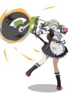 1girl absurdres animal_bag apron art_itou bear_bag belt black_boots black_dress boots breasts chain charm_(object) circular_saw closed_eyes commentary_request corin_wickes cuffs dress facing_viewer full_body green_hair hair_between_eyes highres holding holding_weapon knee_boots long_hair maid maid_apron maid_headdress puffy_short_sleeves puffy_sleeves pulling saw screw_hair_ornament short_sleeves simple_background solo twintails weapon white_apron zenless_zone_zero