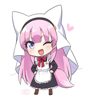 1girl ;d alternate_costume animal_ear_headwear animal_ears apron black_dress blue_eyes blunt_bangs blush bow bowtie chibi chibi_only dress enmaided eyelashes eyes_visible_through_hair fake_animal_ears fox_ears fox_girl fox_tail frilled_apron frilled_dress frills full_body hands_on_own_hips happy heart kamisama_ni_natta_hi kemonomimi_mode long_dress long_hair long_sleeves looking_at_viewer maid maid_apron nakamura_hinato one_eye_closed open_mouth pink_hair red_bow red_bowtie satou_hina_(kamisama_ni_natta_hi) sidelocks signature simple_background smile solo standing tail tareme v-shaped_eyebrows veil very_long_hair white_apron white_background white_veil
