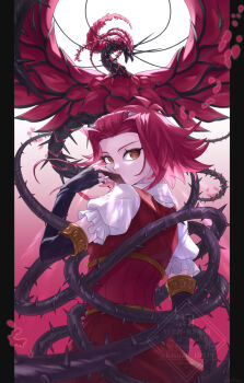 1girl black_rose_dragon brown_eyes card commentary_request covering_own_mouth dragon dress duel_monster elbow_gloves fingerless_gloves from_behind gloves holding holding_card izayoi_aki kisuzu_th319 looking_at_viewer looking_back plant puffy_short_sleeves puffy_sleeves red_dress red_hair short_hair_with_long_locks short_sleeves sidelocks thorns vines yu-gi-oh! yu-gi-oh!_5d's