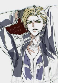 1boy aged_down arms_behind_head black_jacket blonde_hair character_name cropped_jacket eni_(yoyogieni) final_fantasy final_fantasy_viii furrowed_brow green_eyes hair_slicked_back highres jacket male_focus military_uniform parted_bangs purple_shirt school_uniform seed_uniform_(ff8) seifer_almasy shirt short_hair sketch solo white_background