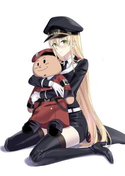 1girl absurdres black_jacket black_necktie blonde_hair blush boots closed_mouth collared_shirt commander_(girls&#039;_frontline) commentary english_commentary girls&#039;_frontline gloves green_eyes hat high_heel_boots high_heels highres hugging_doll hugging_object jacket long_hair long_sleeves looking_at_viewer military_hat military_uniform necktie on_floor shirt simple_background sitting skirt solo stg44_(girls&#039;_frontline) stuffed_toy suprii thigh_boots thighhighs thighhighs_under_boots wariza white_background white_gloves white_shirt