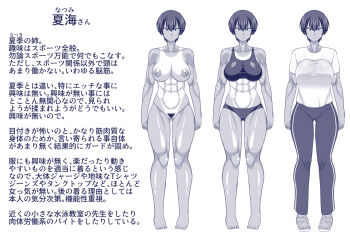 abs amazon_(taitaitaira) bare_shoulders breasts character_profile completely_nude dark-skinned_female dark_skin full_body gym_shirt gym_uniform highres japanese_text large_areolae large_breasts large_nipples looking_at_viewer monochrome muscular muscular_female natsumi_(amazon) nude original panties pubic_hair reference_sheet serious shirt short_hair simple_background solo sports_bra standing tagme tan tanline thighs tomboy translation_request underwear white_background