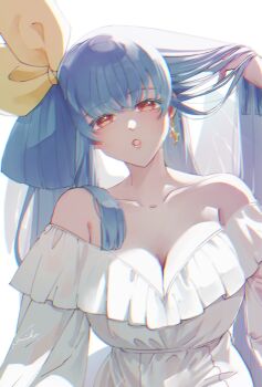 1girl :o bare_shoulders blue_hair breasts cleavage cleavage_cutout clothing_cutout collarbone commentary_request dizzy_(guilty_gear) dress earrings guilty_gear hair_ribbon hair_rings hand_in_own_hair highres jewelry kanea_(nikoinoillust) large_breasts long_hair mature_female off-shoulder_dress off_shoulder open_mouth red_eyes ribbon shaded_face simple_background single_earring single_hair_ring solo sunlight white_background white_dress yellow_ribbon