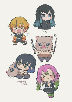 1girl 3boys :i agatsuma_zenitsu ayu_(mog) black_hair black_pants black_shirt black_shoes blonde_hair blue_eyes blunt_bangs blush_stickers boar_mask breasts chibi chibi_only cleavage closed_eyes closed_mouth commentary commentary_request crossed_bangs demon_slayer_uniform english_commentary flying_sweatdrops full_body gradient_hair green_eyes green_hair green_thighhighs hair_between_eyes haori hashibira_inosuke japanese_clothes kamado_nezuko kanroji_mitsuri kimetsu_no_yaiba long_hair long_sleeves mixed-language_commentary multicolored_hair multiple_boys open_mouth pants pink_hair romaji_commentary shirt shoes short_hair simple_background sitting smile standing tears thighhighs tokitou_muichirou white_background wide_sleeves