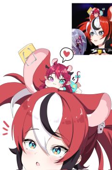 2girls animal_ears black_hair blue_eyes breasts cafelittle chibi hakos_baelz heart highres hololive hololive_english irys_(hololive) long_hair mouse_ears mouse_girl mouse_tail multicolored_hair multiple_girls red_hair scene_reference streaked_hair tail virtual_youtuber white_hair