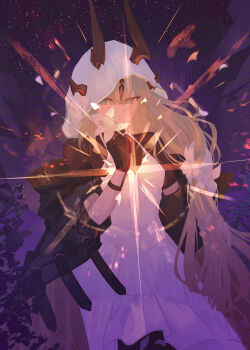 Rule 34 | absurdres, arknights, black coat, black gloves, black horns, black sweater, blonde hair, brown horns, cape, coat, dragon girl, dragon horns, dragon tail, dress, expressionless, flower, gloves, green eyes, highres, horns, kira guil, light in heart, long hair, multiple horns, petals, reed (arknights), reed the flame shadow (arknights), short sleeves, sky, standing, sweater, tail, very long tail, white cape, white dress, white flower