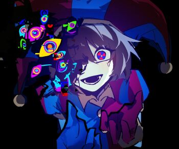 Rule 34 | 1girl, 7szndc, abstraction (the amazing digital circus), asymmetrical gloves, black background, blue eyes, blue gloves, colored skin, commentary, gloves, hashtag-only commentary, hat, jester cap, mismatched gloves, multicolored eyes, open mouth, outstretched hand, pomni (the amazing digital circus), red eyes, red gloves, short hair, smile, solo, the amazing digital circus, two-tone eyes, two-tone hat, white skin