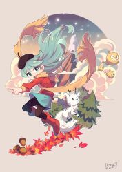 Rule 34 | 1girl, absurdres, acorn, beret, blue eyes, blue hair, boots, brick st, cloud, floating hair, hat, highres, hilda (hilda), hilda (series), leaf, long hair, looking at viewer, mountain, open mouth, pantyhose, pine tree, pointing, red footwear, red sweater, scarf, signature, skirt, smile, star (sky), sweater, tree, twig (hilda), woff