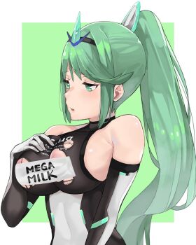 1girl armor bare_shoulders breasts commentary_request duplicate elbow_gloves female_focus gem gloves green_background green_eyes green_hair hair_ornament headpiece j@ck jewelry large_breasts long_hair matching_hair/eyes nintendo nipple_slip nipples open_mouth pneuma_(xenoblade) ponytail simple_background solo spoilers swept_bangs tiara upper_body very_long_hair white_background xenoblade_chronicles_(series) xenoblade_chronicles_2