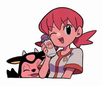 1girl black_eyes bottle breasts closed_eyes cow gen_2_pokemon holding holding_bottle horns long_hair looking_at_viewer milk milk_bottle miltank moomoo_milk nintendo one_eye_closed open_mouth pink_hair pokemon pokemon_(creature) pokemon_gsc shirt short_sleeves simple_background smile twintails tyako_089 upper_body water_bottle white_background white_shirt whitney_(pokemon)