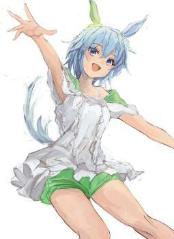 1girl animal_ears blue_eyes blush breasts commentary_request ear_covers green_sailor_collar green_shorts grey_hair hair_between_eyes horse_ears horse_girl horse_tail looking_at_viewer open_mouth sailor_collar seiun_sky_(reeling_in_the_big_one)_(umamusume) seiun_sky_(umamusume) shirt short_hair shorts simple_background single_ear_cover small_breasts smile solo tail umamusume white_background white_shirt yanagi_wakana