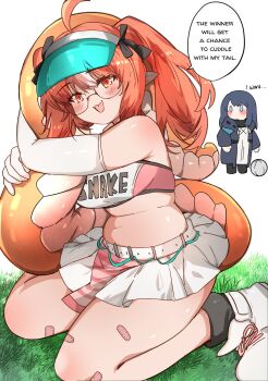 2girls :d ahoge ankle_boots arknights arya_melati bandaid bandaid_on_leg bare_shoulders belt blue_eyes blue_hair blush boots breasts cheerleader clothes_writing commentary crop_top curvy doctor_(arknights) elbow_gloves english_commentary english_text fangs female_doctor_(arknights) glasses gloves hair_between_eyes highres holding_own_tail hugging_own_tail hugging_tail large_breasts large_tail long_hair looking_at_viewer midriff multicolored_hair multiple_girls navel official_alternate_costume on_ground open_mouth orange_eyes orange_hair pink_shirt pleated_skirt plump pointy_ears shirt sitting skirt sleeveless sleeveless_shirt smile snake_girl snake_tail solo_focus tail thick_tail twintails two-tone_hair two-tone_shirt very_long_tail wariza white_background white_belt white_boots white_gloves white_hair white_shirt white_skirt wulfenite_(arknights) wulfenite_(bouncing_rhythms)_(arknights)
