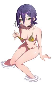 1girl :&gt; absurdres bikini bikini_pull black_choker breasts chainsaw_man choker closed_mouth clothes_pull collarbone gold_bikini green_eyes hair_between_eyes highres kiritzugu looking_at_viewer navel partially_submerged purple_hair reze_(chainsaw_man) simple_background smile solo string_bikini swimsuit white_background